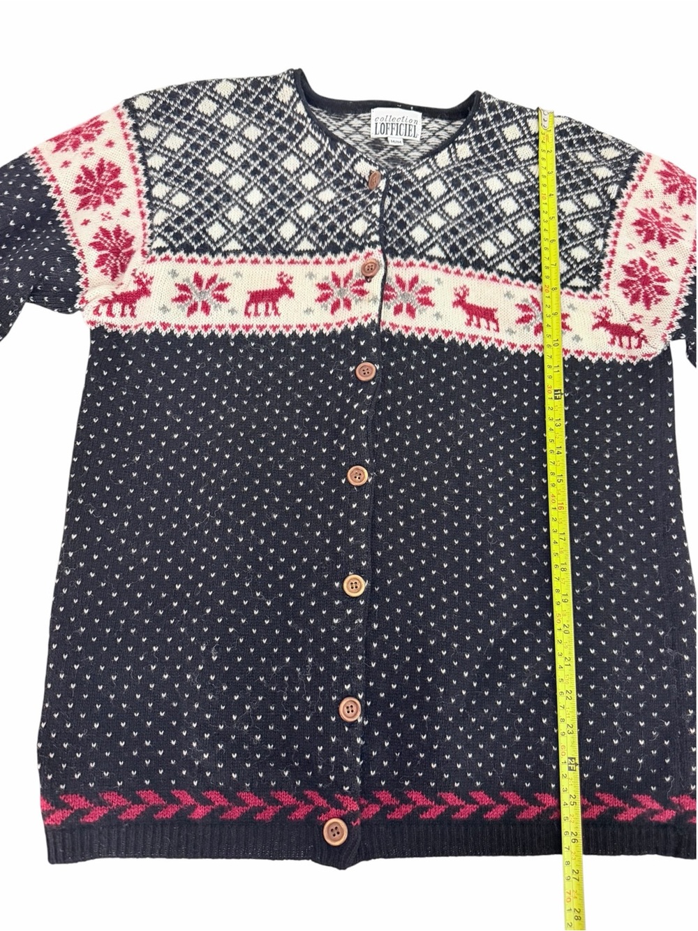 L'OFFICIEL Black Red Nordic Fair Isle 100% Wool Cardigan Vintage size M - Picture 10 of 11